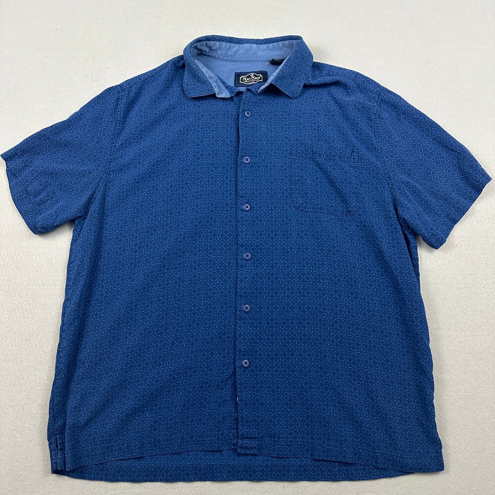 Nat Nast Shirt Men Large Blue Geometric Short Sleeve Button Up Pocket Silk L